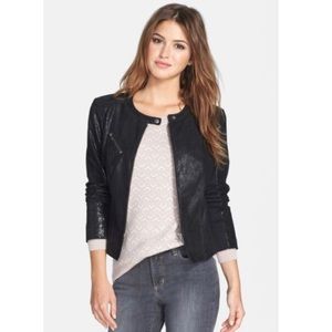 NWT Halogen black leather shimmer moto zip jacket